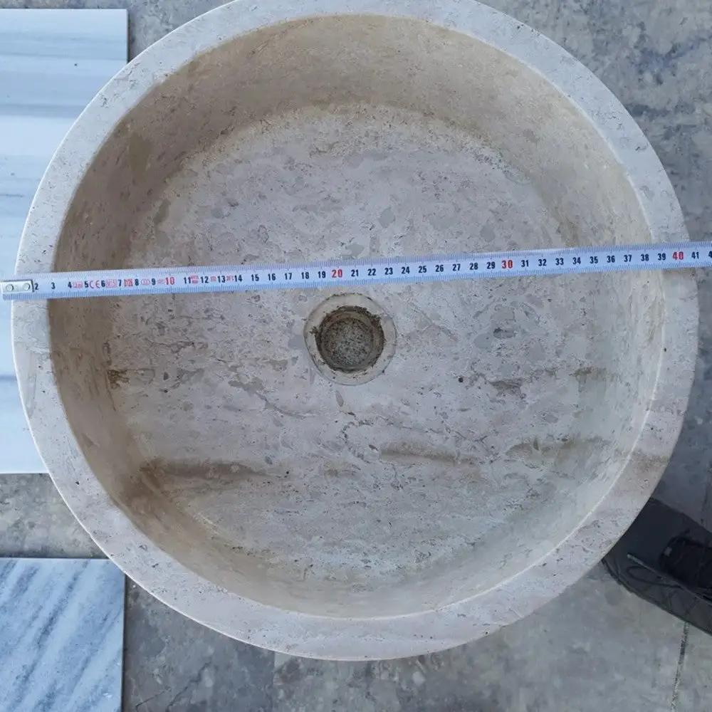 Round Beige Travertine Vessel Bathroom Sink 16 Inch Honed Finish Natural Stone