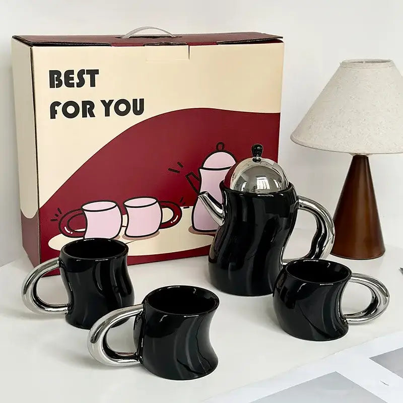 Bending design ceramic coffee mug and teapot set black & silver dining