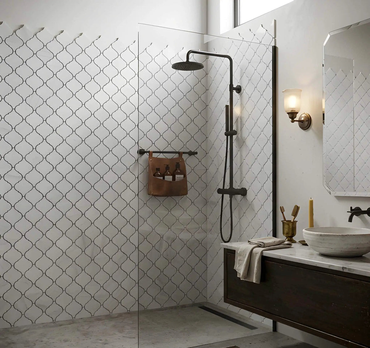 Bianco Dolomiti Polished Arabesque Marble Mosaics 12x12