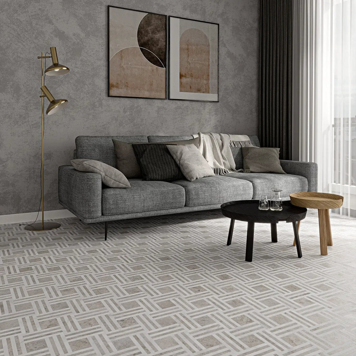 Bianco Dolomiti, Silver Mystique Multi Finish Maze Basket Marble Mosaics 14 15/16x17 11/16