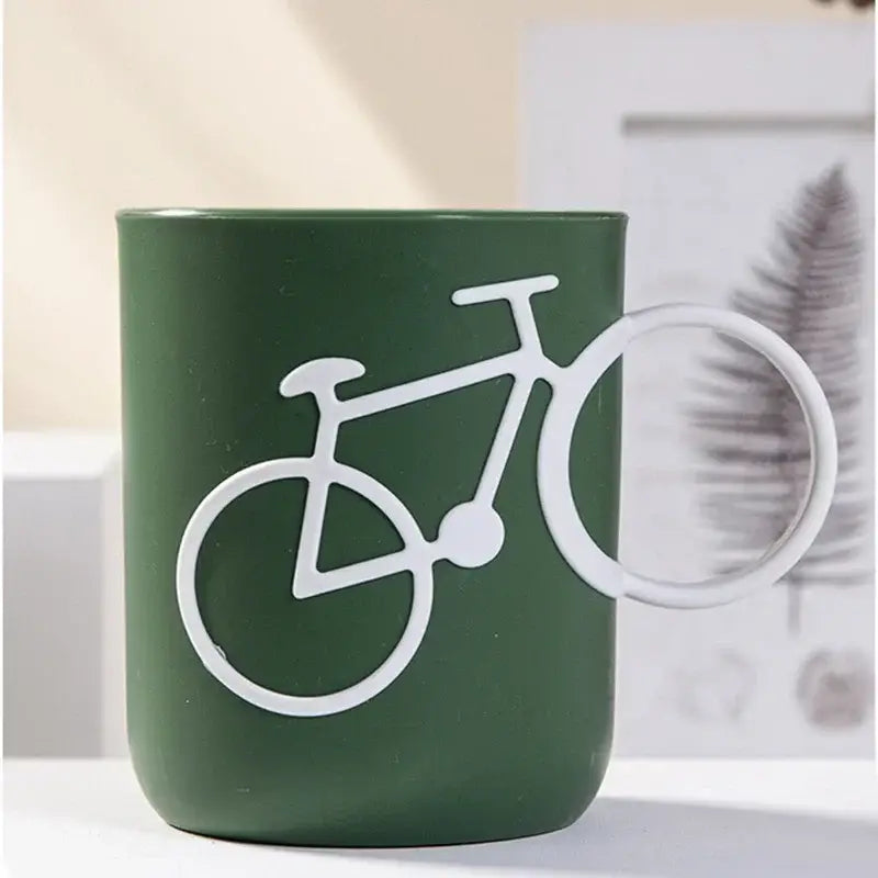 Bicycle green & white ceramic toothbrush holder cup bathroom mug