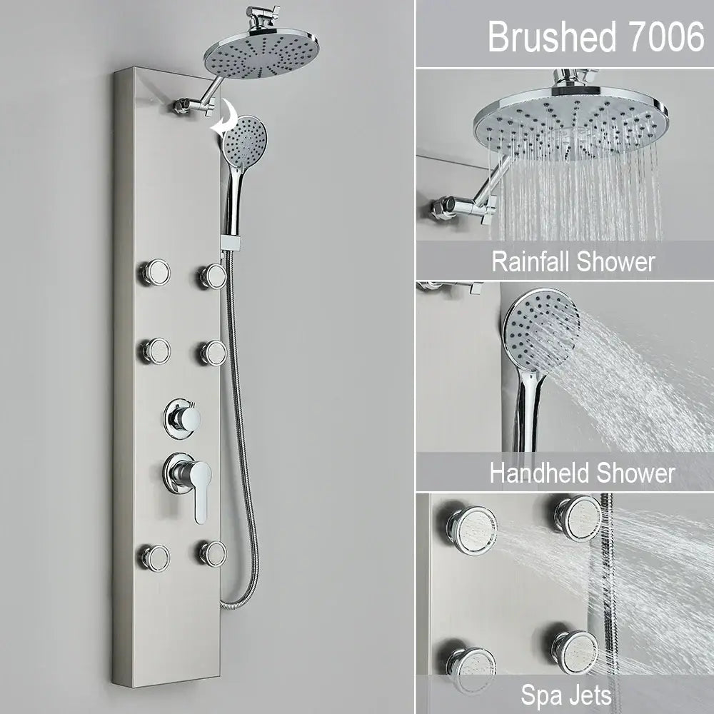 Black and chrome rainfall shower panel bathroom storage rack