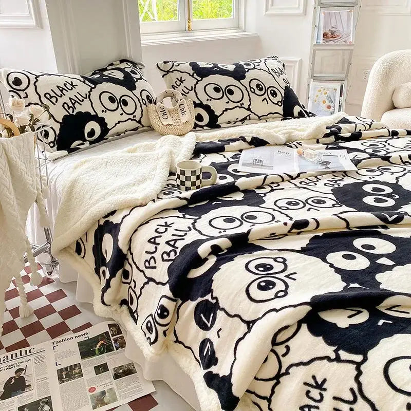 Black and white cartoon print cozy blanket bedroom sheep duvet set