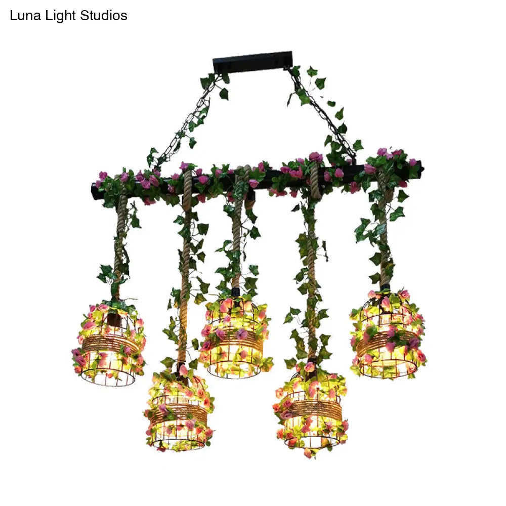DecorBites™ Black Birdcage Metallic Linear Pendant with Rose Vine: 5 Bulbs Rope Island Light Fixture