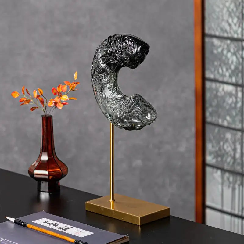 Black glass dragon sculpture crescent moon living room decor