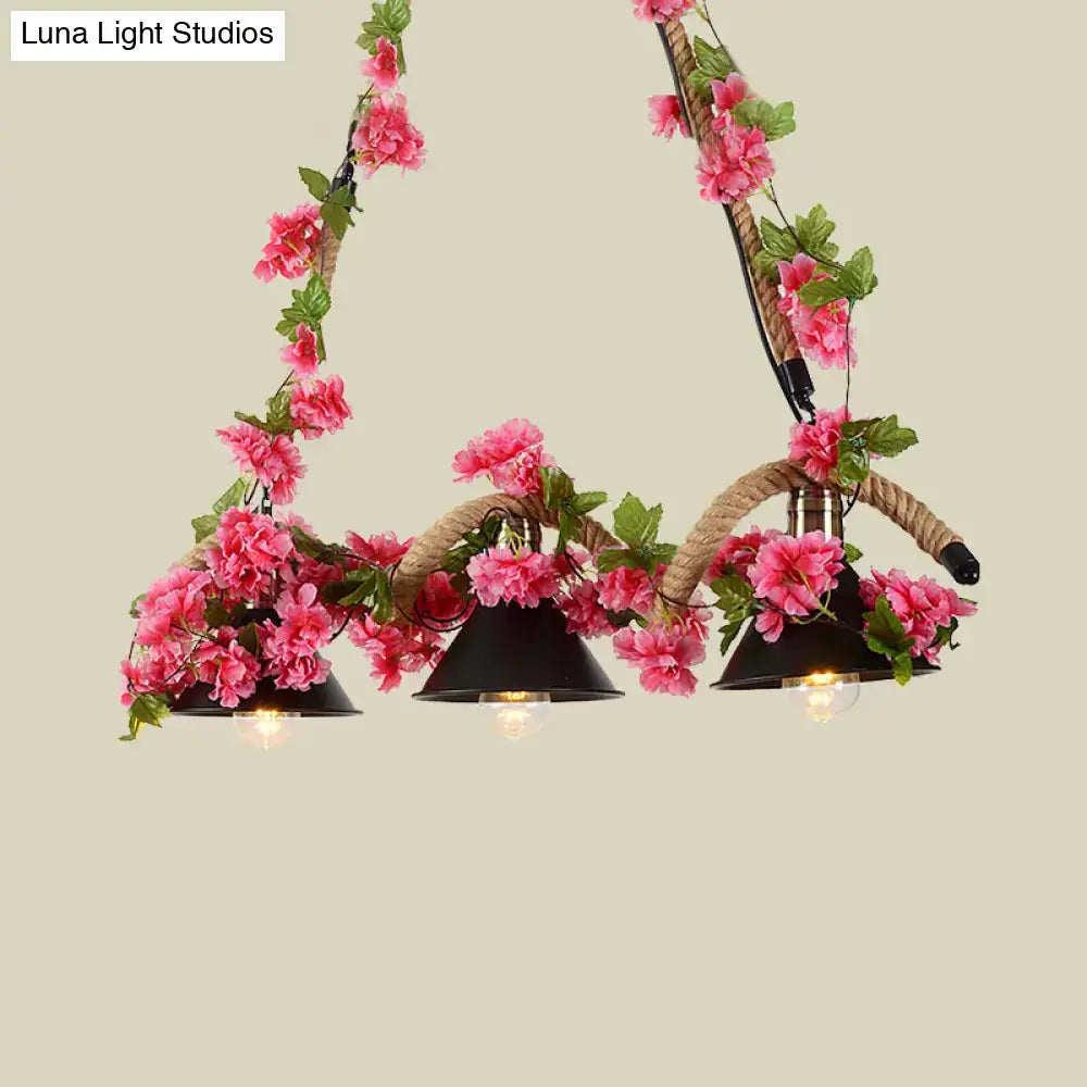 Floral black conical 3-light pendant – kitchen twisted rope ceiling light
