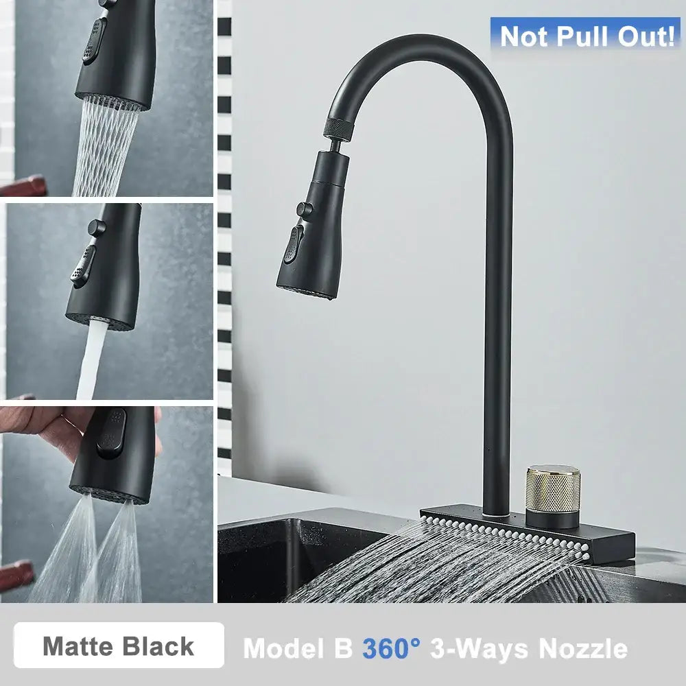 Black rainwater kitchen faucet matte black and gold pull out tap