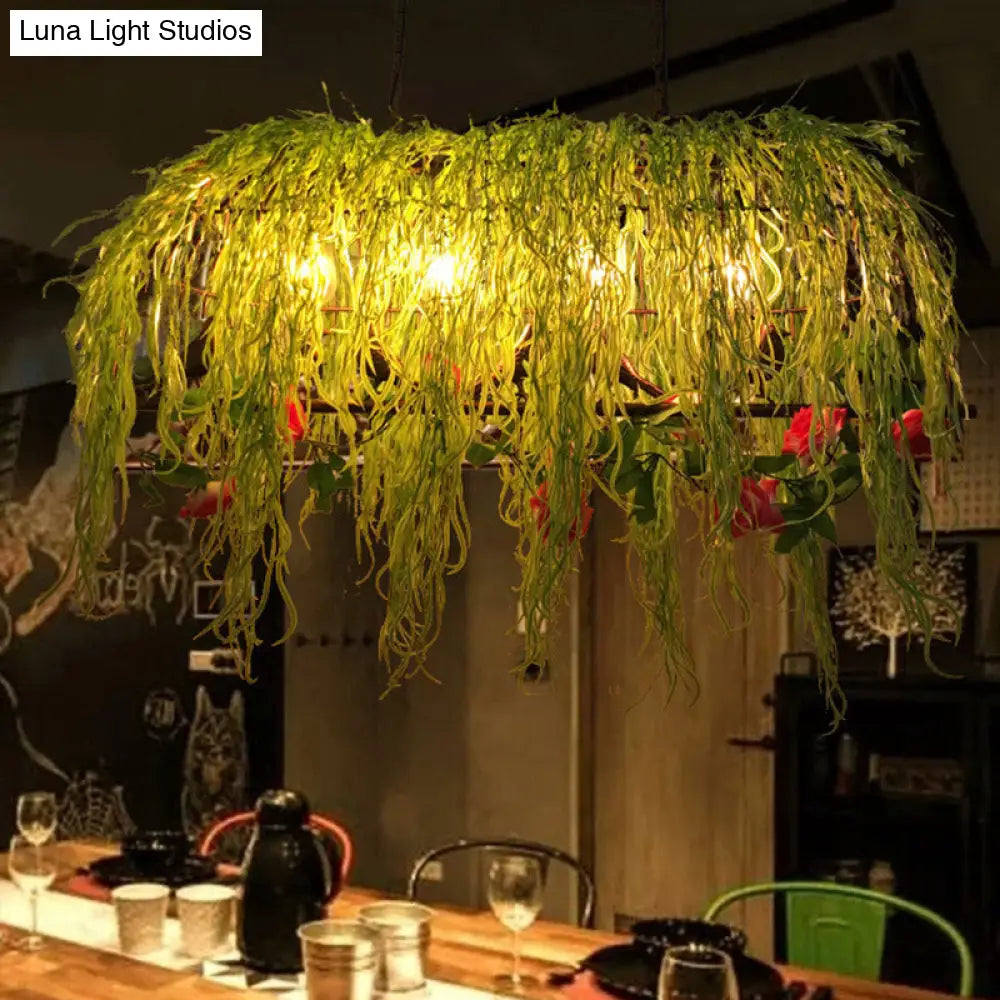 DecorBites™ Black Retro Metal Bird Cage Island Ceiling Light with Plant - Ideal for Restaurants - 4 Lights