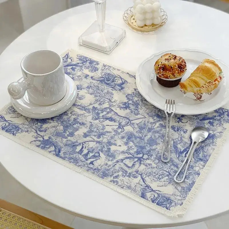 Blue and white toile cotton linen place mat set kitchen dining decor