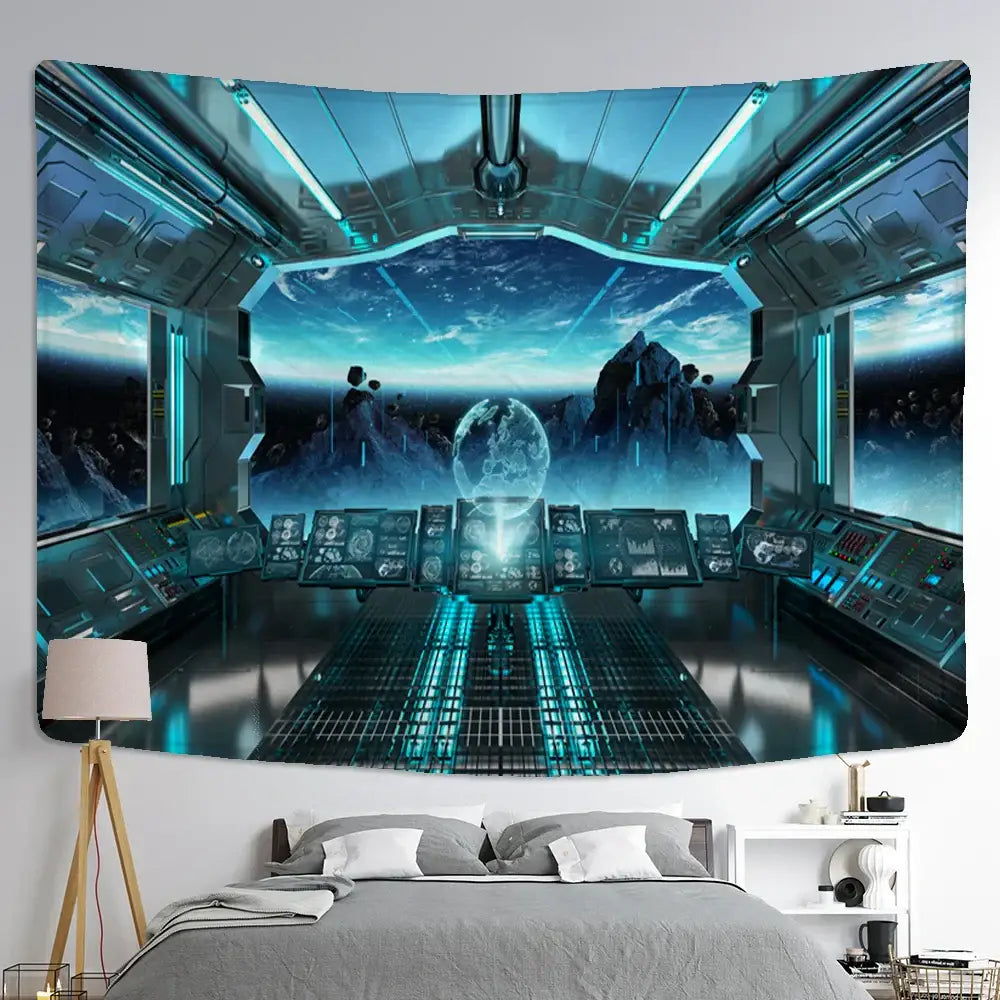 Blue futuristic galaxy alien planet ufo cockpit tapestry bedroom decor