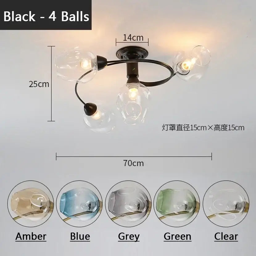 Blue glass ball led chandelier with brass finish for dining room