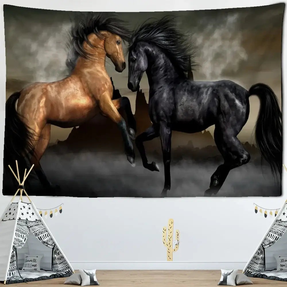 Bohemian black & gold galloping horse tapestry living room wall art