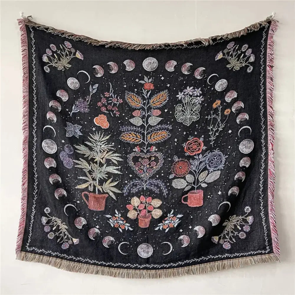 Bohemian floral celestial woven throw blanket living room fringed tapestry