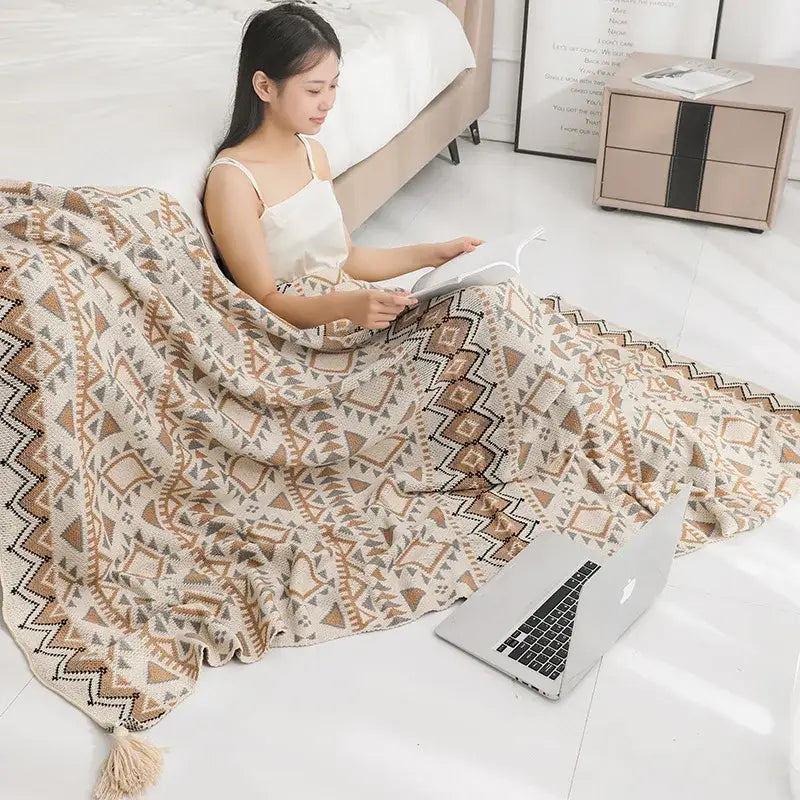 Bohemian knitted oat beige & brown tassel blanket bedroom throw