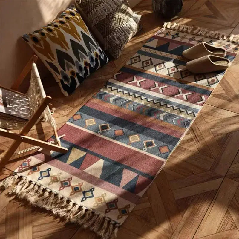 Bohemian linen plaid cotton weave rug orange & navy living room runner