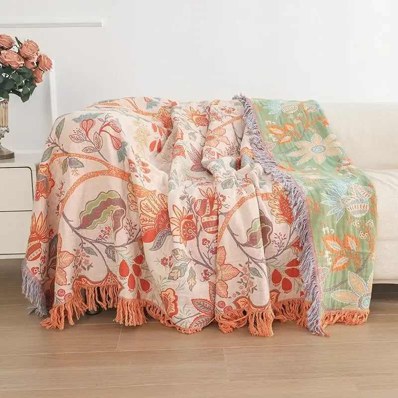 Bohemian orange & green floral sofa blanket living room throw