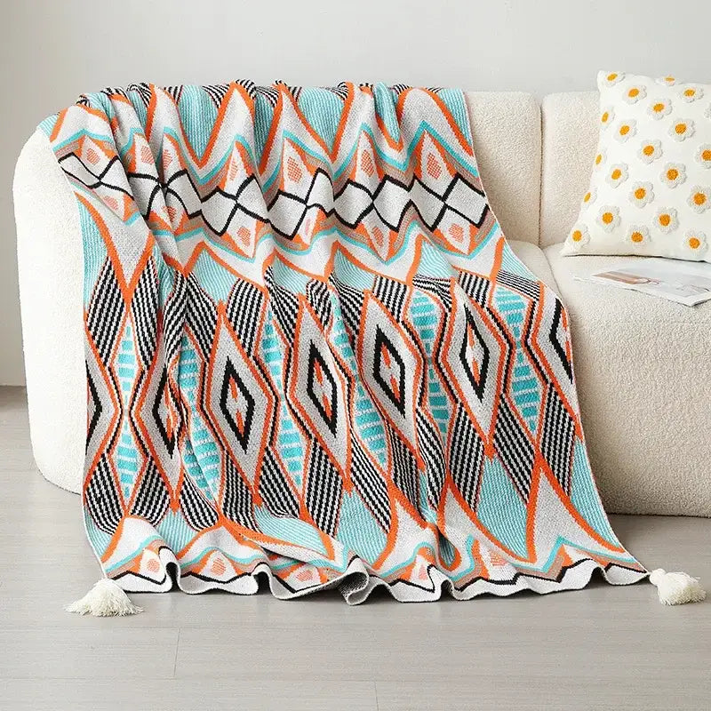 Bohemian winter blanket orange & white knitted throw bedroom decor