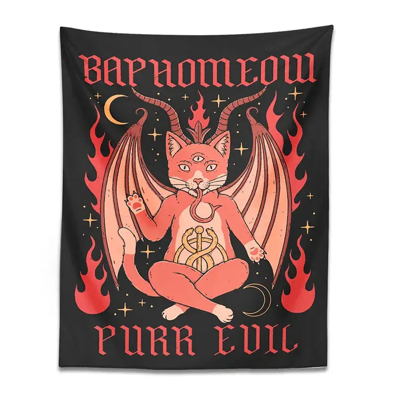 Boho black and pink cat baphomeow tapestry for bedroom wall decor