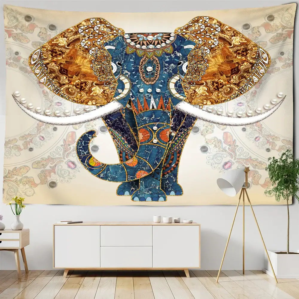 Boho blue and gold elephant mandala tapestry bedroom wall decor