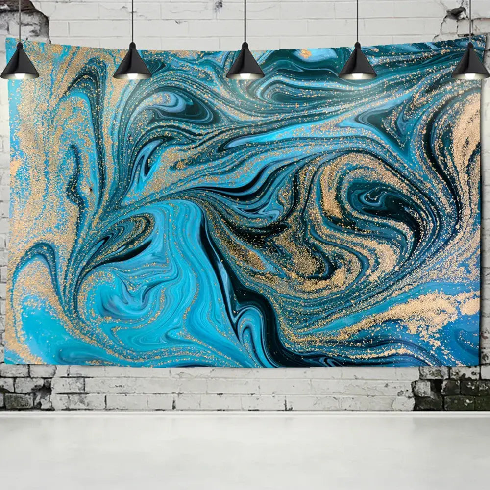 Boho blue gouache line marbled tapestry bedroom wall hanging