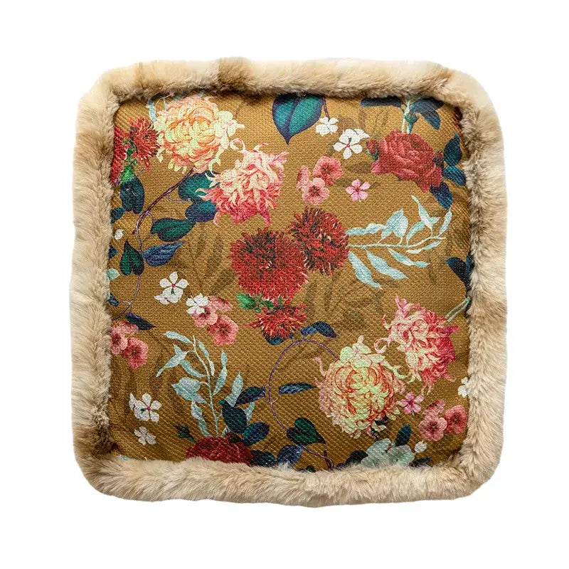 Boho dark floral square seat cushions with gray faux fur trim dining room