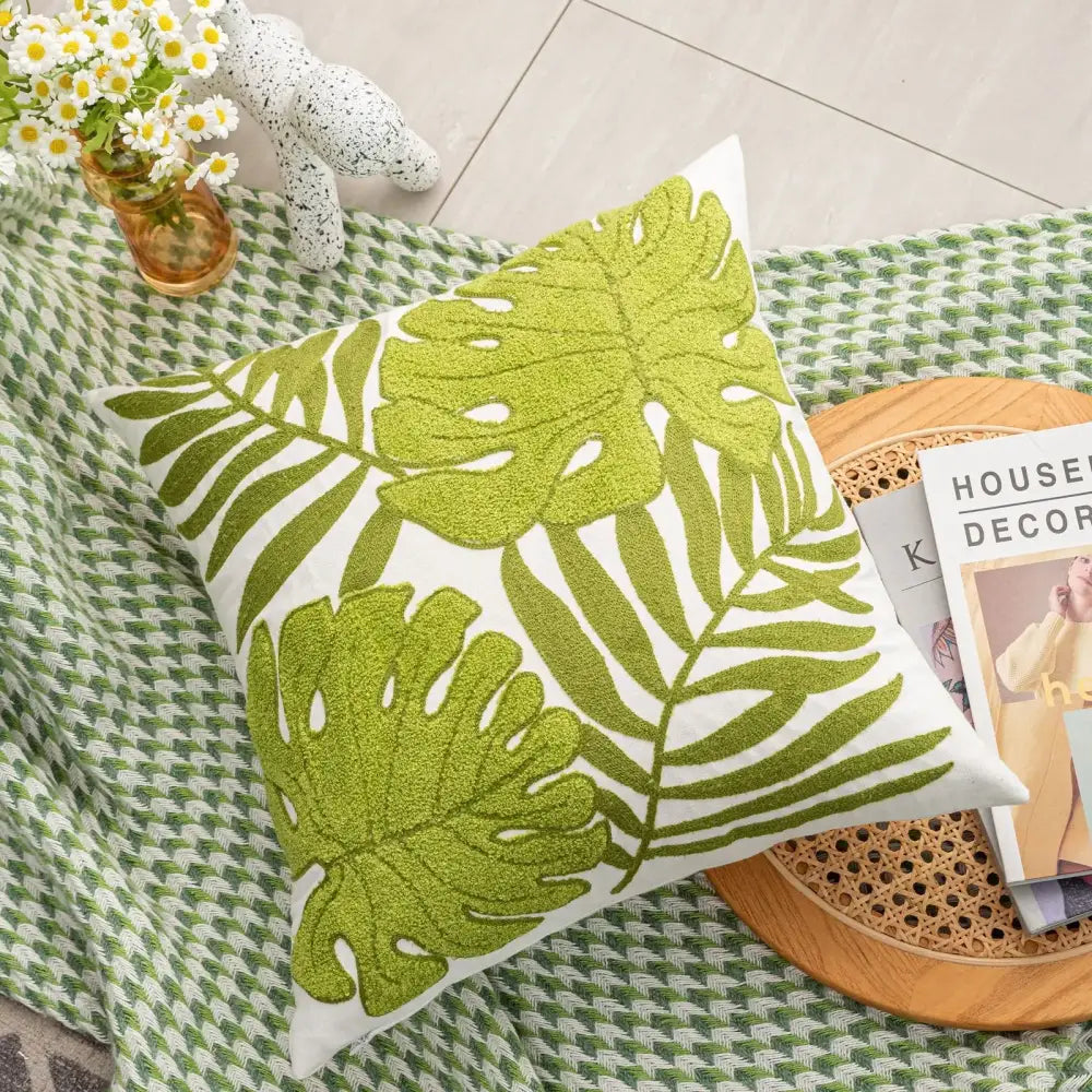 Boho floral embroidered green & brown cushion cover living room