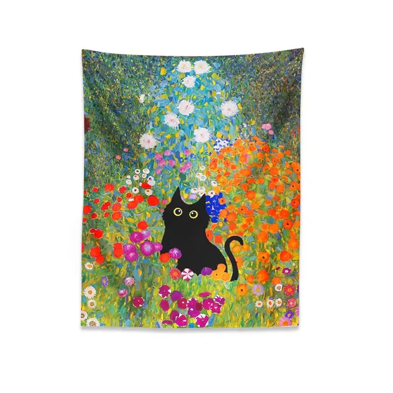 Boho floral garden cat tapestry wall hanging for bedroom decor