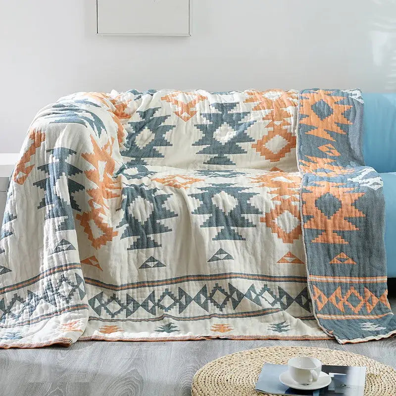 Boho geometric orange & blue cotton throw blanket living room
