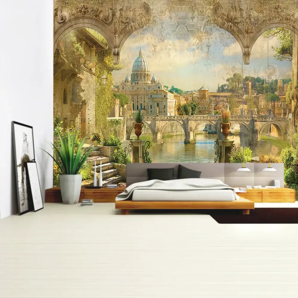 Boho green plant landscape tapestry bedroom italian village decor