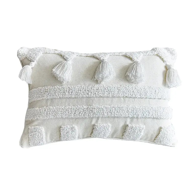 Boho ivory tufted tassel cushion cover living room woven pillow