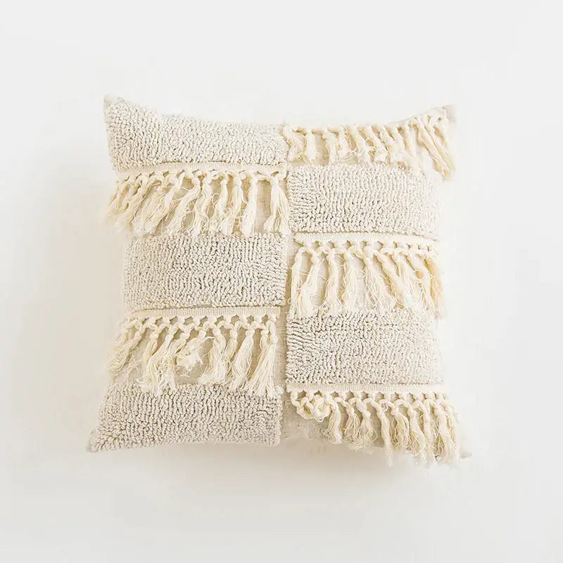 Boho tassel cushion cover cream textured diamond living room decor