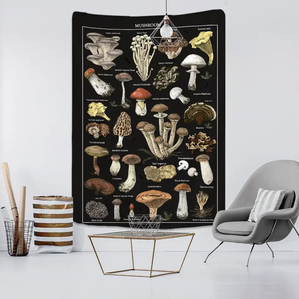 Botanical black mushroom mystical tapestry bedroom wall hanging