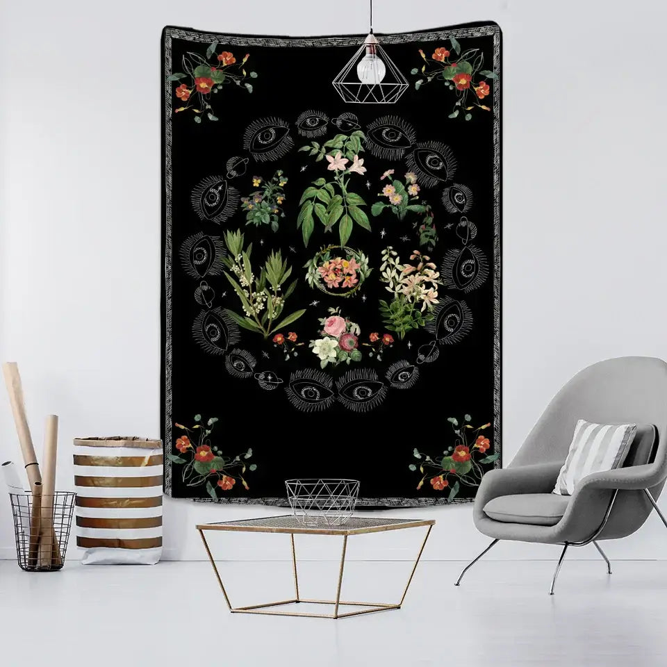 Botanical sketch tapestry wall hanging gray floral bedroom decor