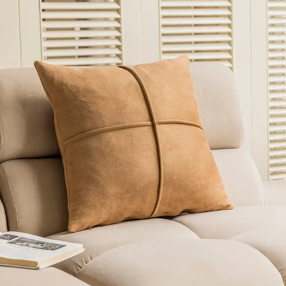 Brown and white geometric embroidery plush cushion cover living room