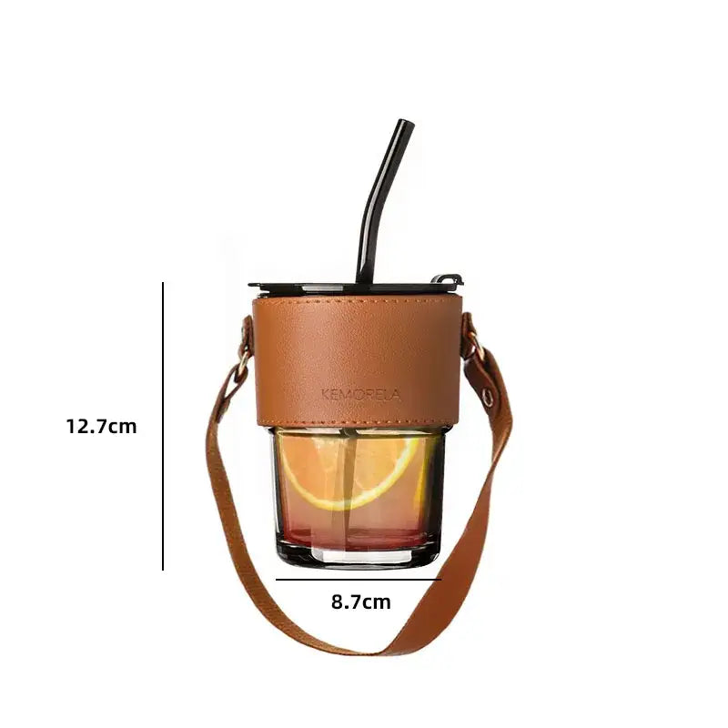 Brown leather glass coffee cup with gold straw kitchen tumbler