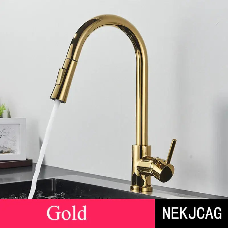 Brushed gold kitchen faucet with high arc pull down spray head