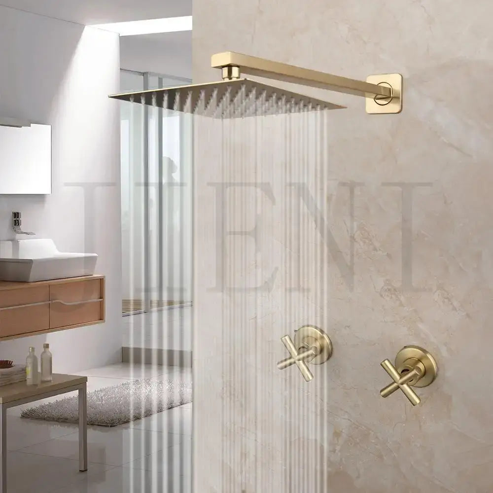 Brushed gold square rainfall shower faucet set bathroom with cross handles