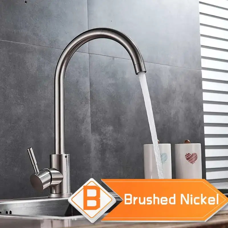 Brushed nickel kitchen faucet with curved swivel spout