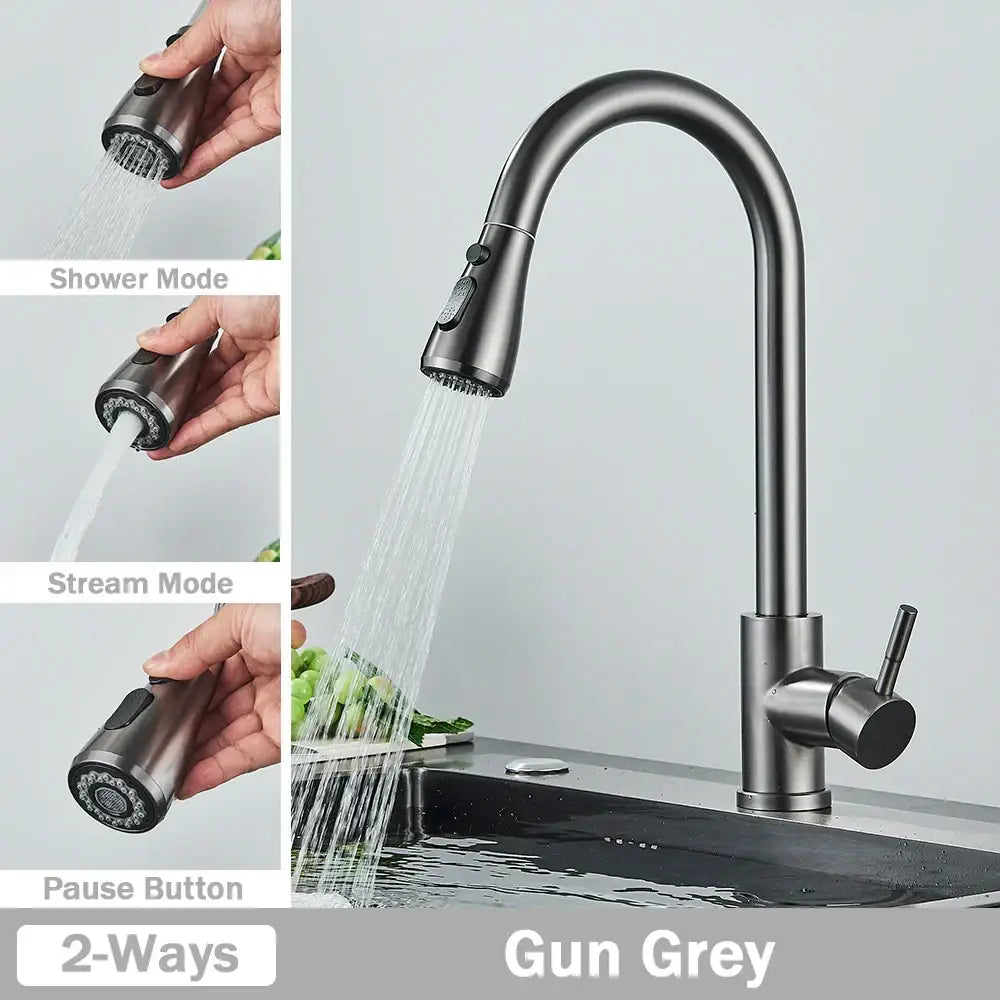 Brushed nickel pull out kitchen faucet with arched spray head