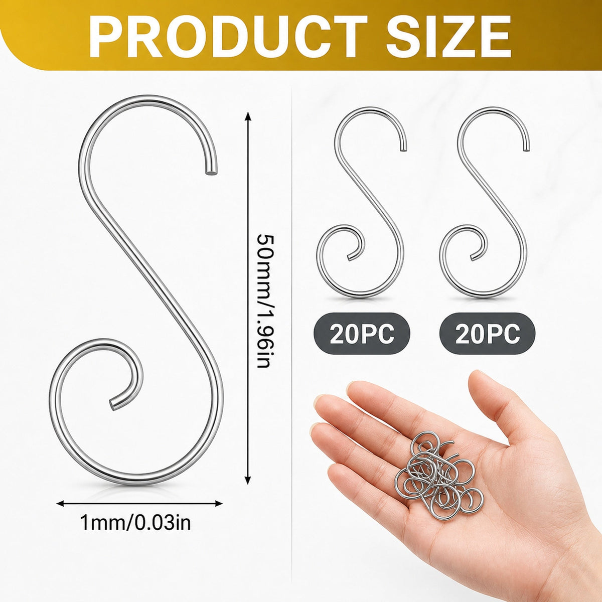 Set of 20 Silver Metal Wire Spiral Christmas Ornaments Hooks Hangers S-Shaped 1.96 Inches