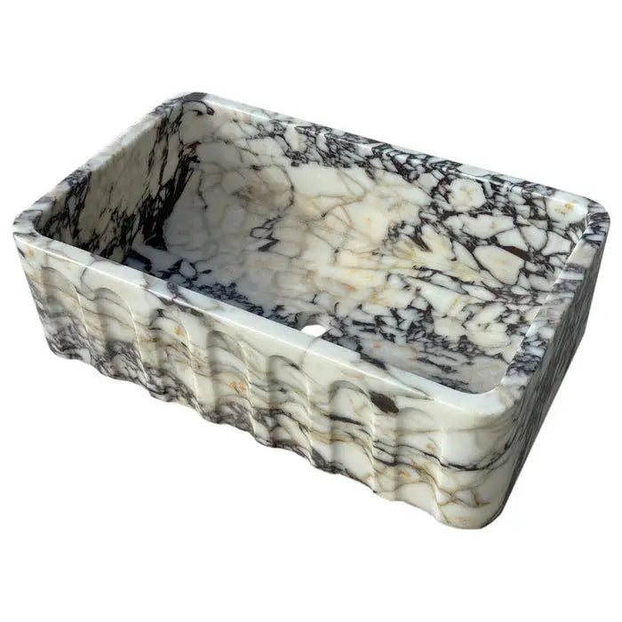 Calacatta Viola Wall Mount Bathroom Vanity Marble Sink White Gray Fluted Design 19x31 Inches