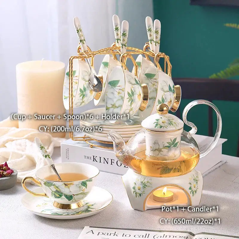Camellia floral tea set white & gold dining room porcelain teaware