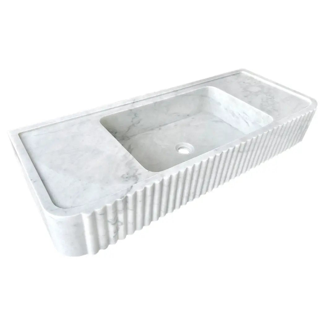 Carrara White Marble Fluted Wall Mount Bathroom Vanity Sink 16Inch