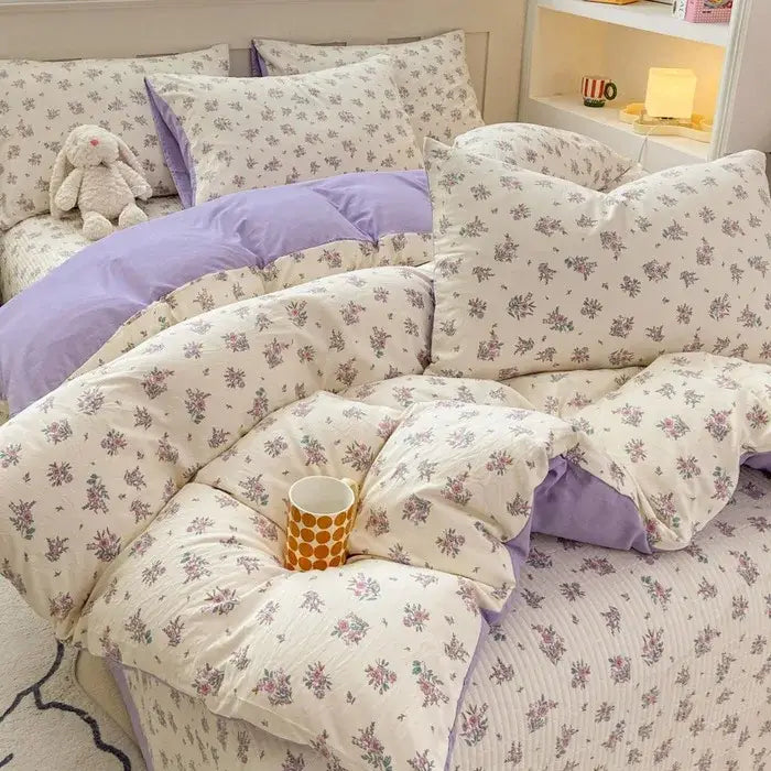 Cartoon cat floral pink cotton duvet set bedroom bedding