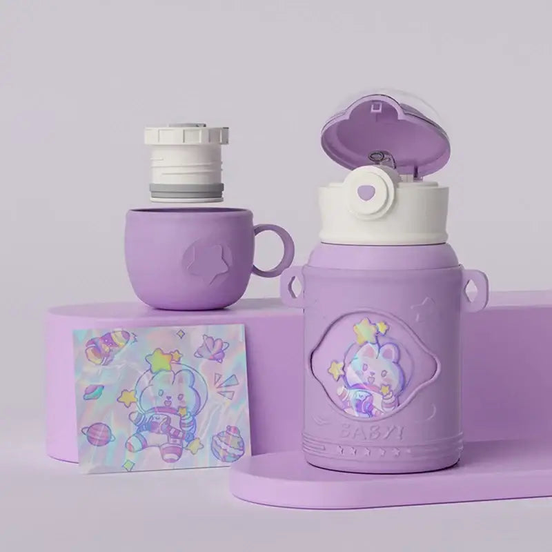 Cartoon green & purple frog stainless steel thermal water bottle kitchen