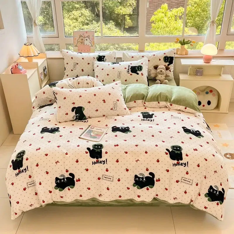 Cartoon print pink & green cotton bedding set bedroom teddy bear