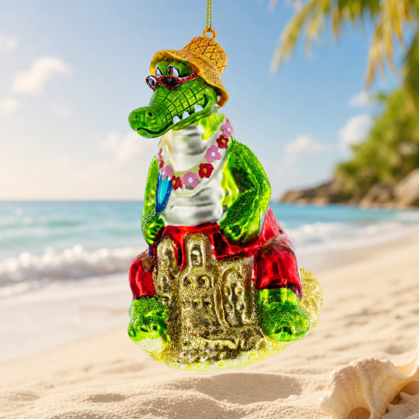 Alligator Relaxing on the Beach Glass Christmas Ornament