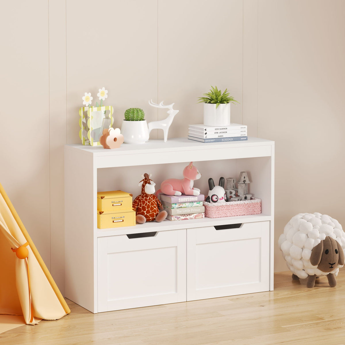Book Organizer With Large Drawers And Open Shelves, Toy Storage Cabinet With Removable Wheels And Rounded Edges - White