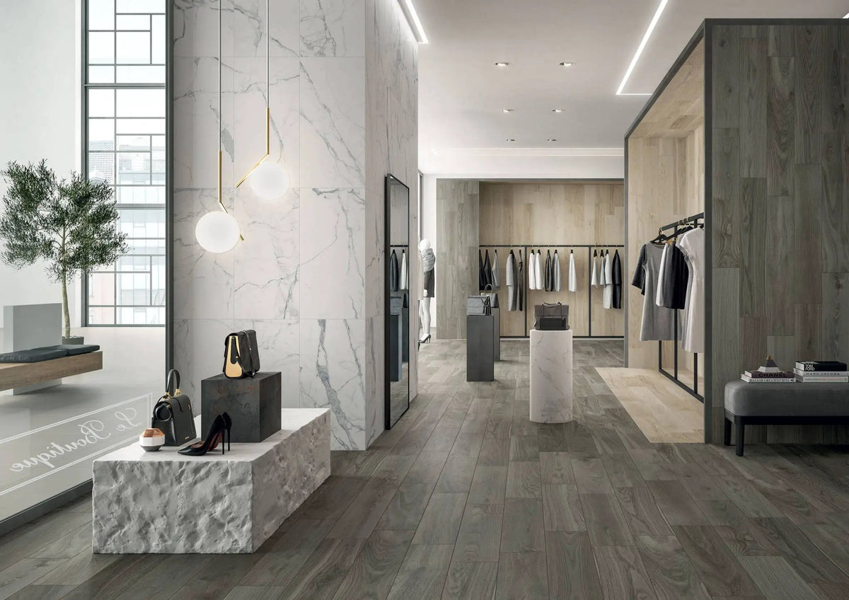True Contemporary White Wood Look Porcelain Tiles 8x40