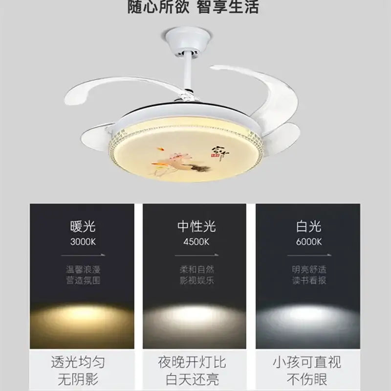 Chinese style white dimmable ceiling fan light bedroom smart fan